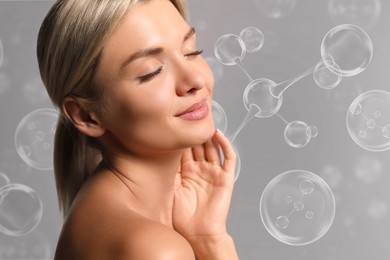 Image of Beautiful woman and collagen molecules on grey background
