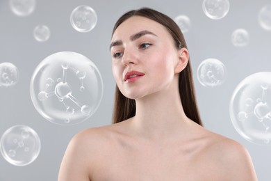 Image of Beautiful woman and collagen molecules on grey background