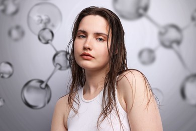 Image of Beautiful woman and collagen molecules on grey background