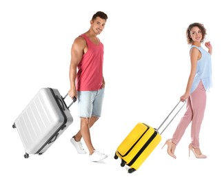 Image of Man and woman with suitcases on white background