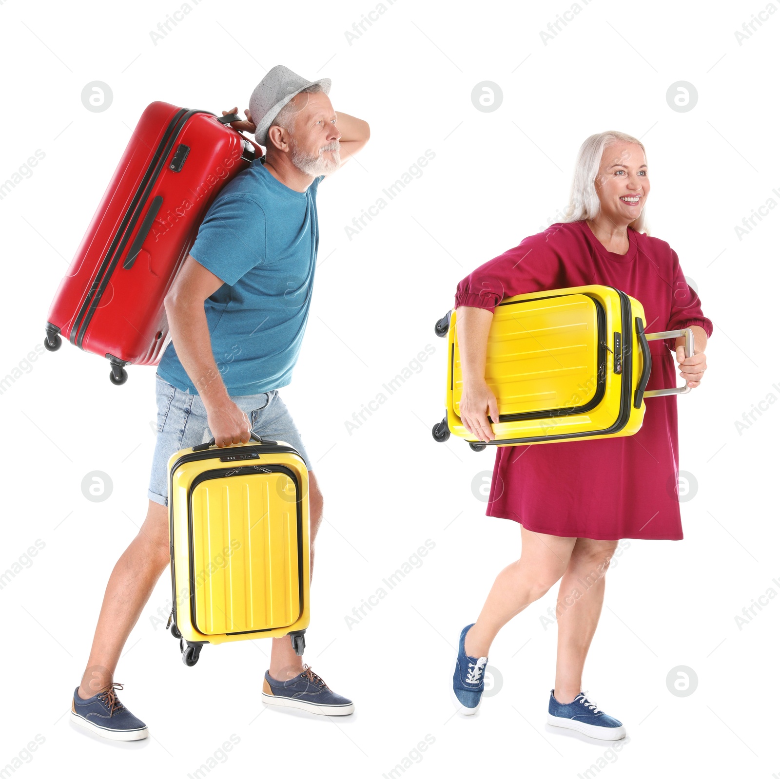 Senior man and woman with suitcases on white background Image of Senior man and woman with suitcases on white background