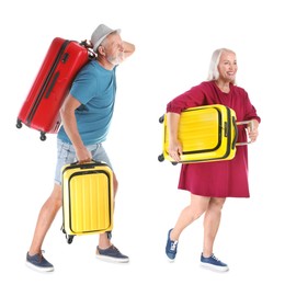 Image of Senior man and woman with suitcases on white background