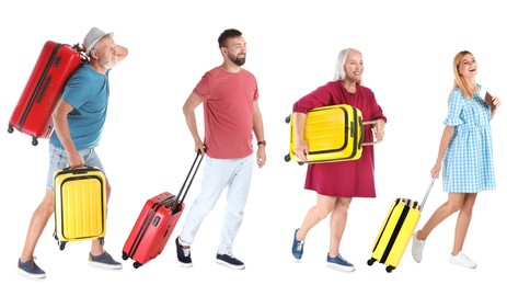 Image of Men and women with suitcases on white background