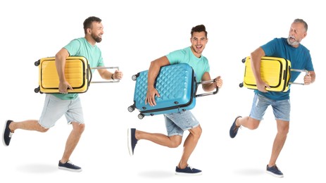 Image of Men with suitcases running on white background
