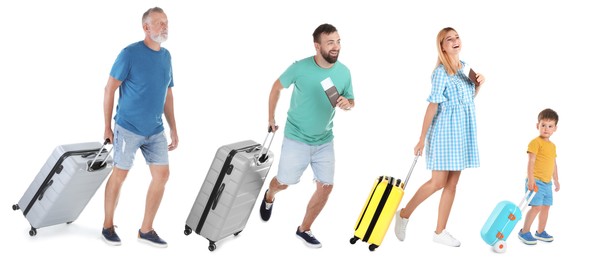 Image of Adults and child with suitcases on white background