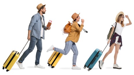Image of Man and women with suitcases on white background