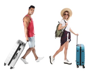Image of Man and woman with suitcases on white background