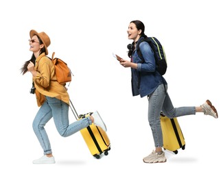 Image of Women with suitcases running on white background