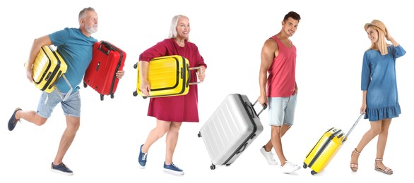 Image of Men and women with suitcases on white background