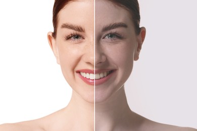 Image of Portrait of woman before and after retouching on white background