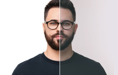 Image of Portrait of man before and after retouching on white background