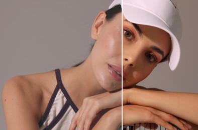Image of Portrait of woman before and after retouching on grey background