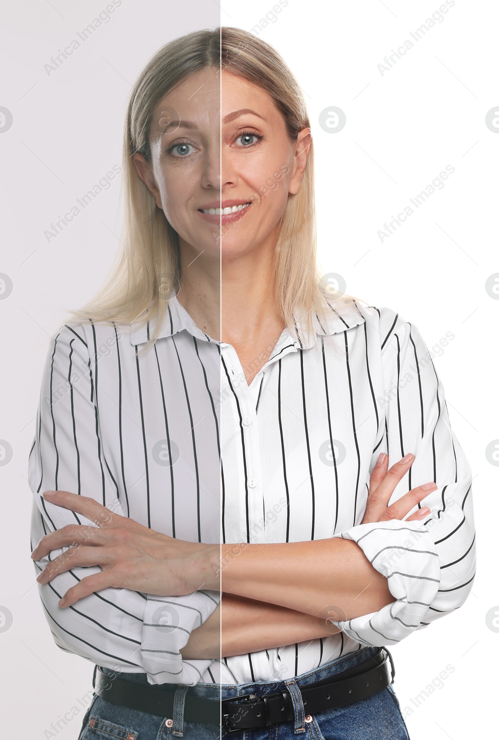 Portrait of woman before and after retouching on white background Image of Portrait of woman before and after retouching on white background