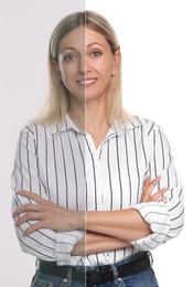 Image of Portrait of woman before and after retouching on white background