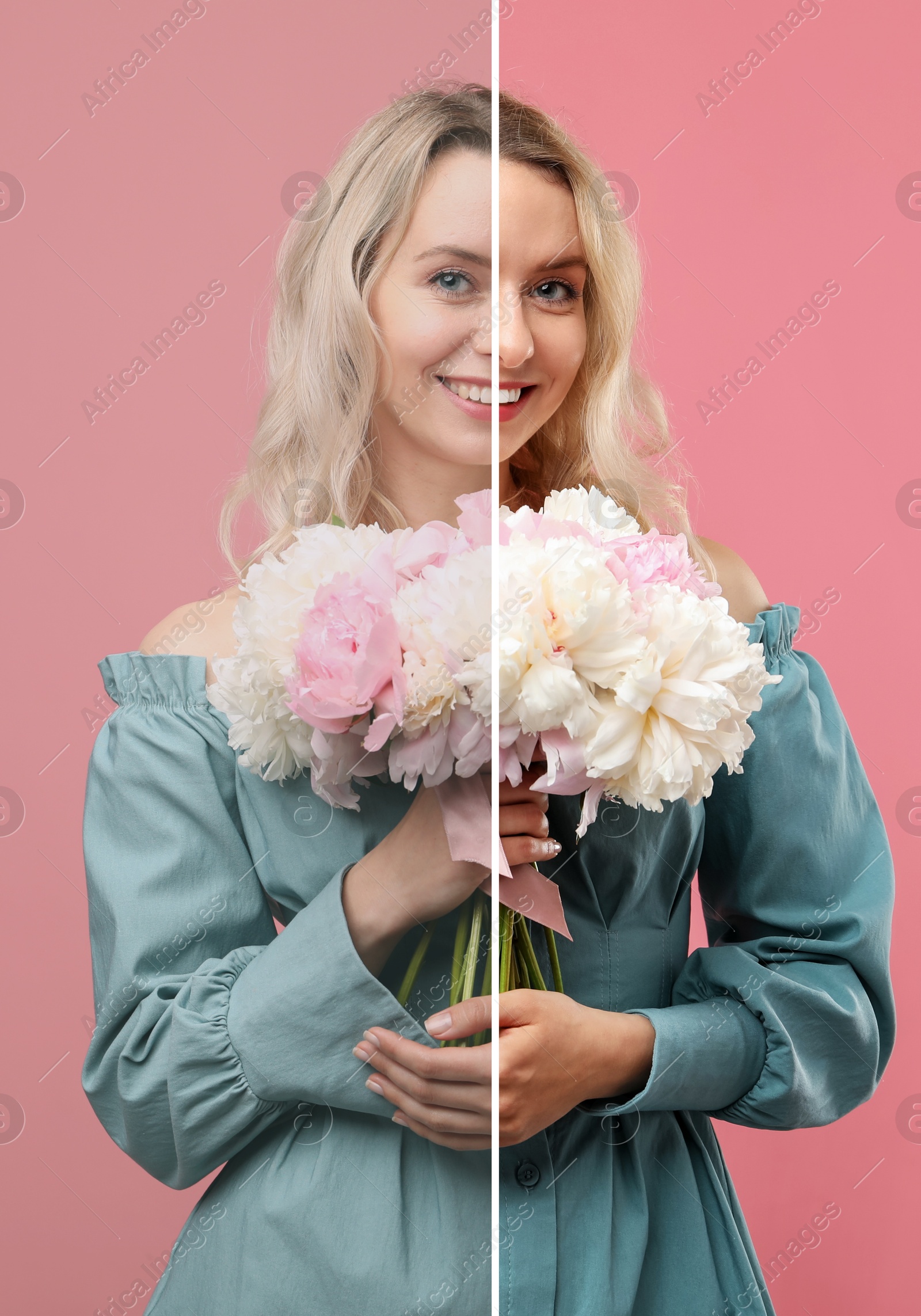 Portrait of woman with flowers before and after retouching on pink background Image of Portrait of woman with flowers before and after retouching on pink background