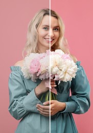 Image of Portrait of woman with flowers before and after retouching on pink background