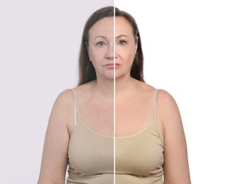 Image of Portrait of woman before and after retouching on white background