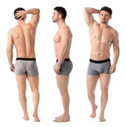 Image of Handsome man in grey underwear on white background, collage. View from different sides