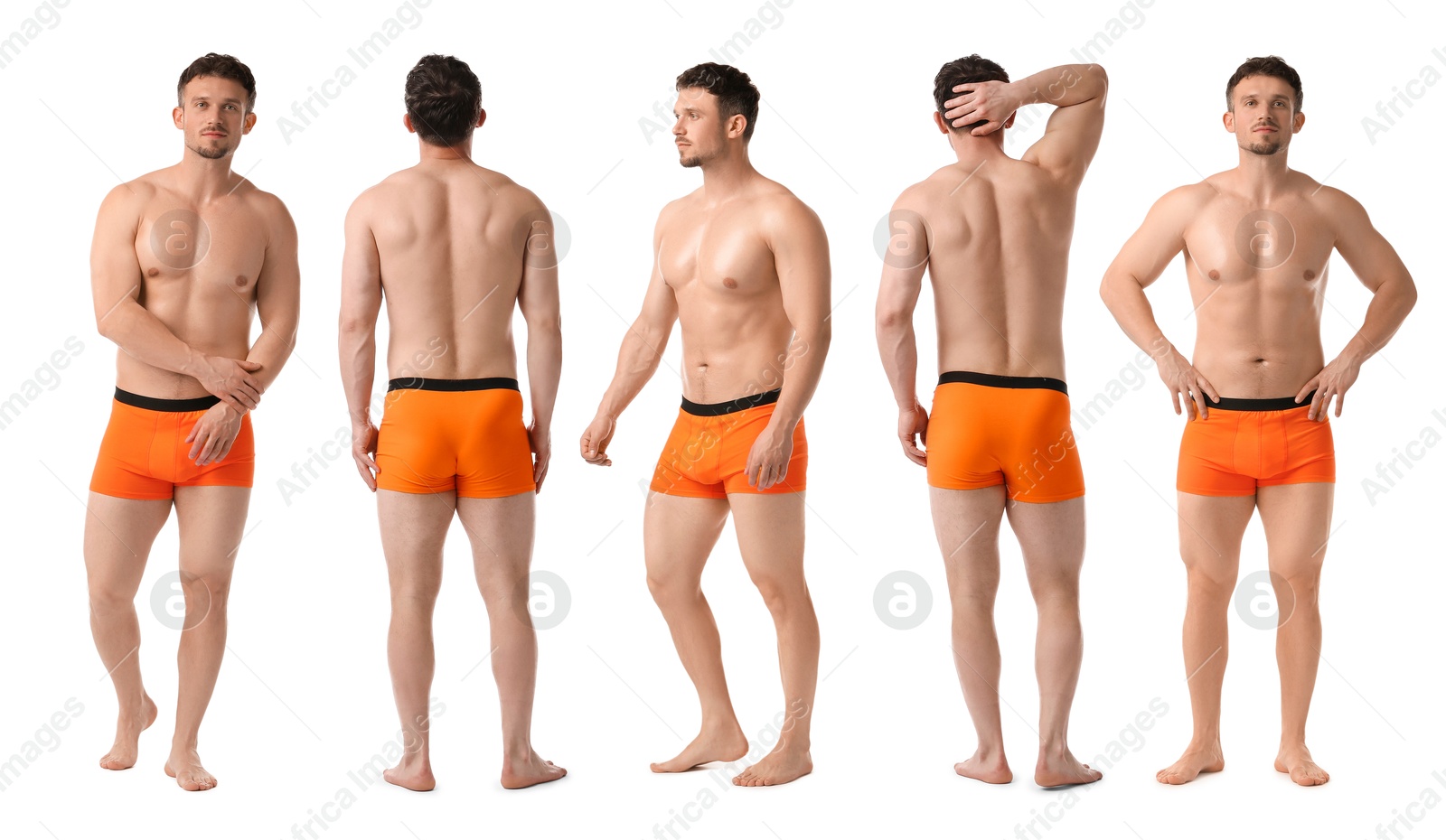 Handsome man in orange underwear on white background, collage. View from different sides Image of Handsome man in orange underwear on white background, collage. View from different sides