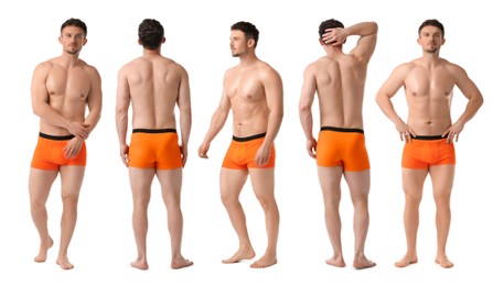 Image of Handsome man in orange underwear on white background, collage. View from different sides