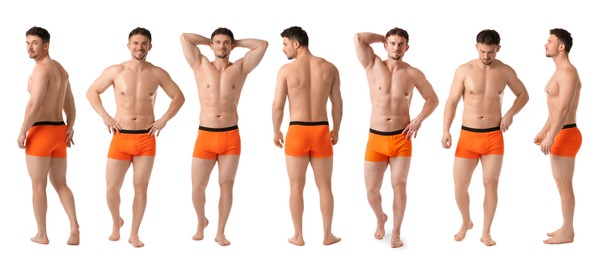 Image of Handsome man in orange underwear on white background, collage. View from different sides