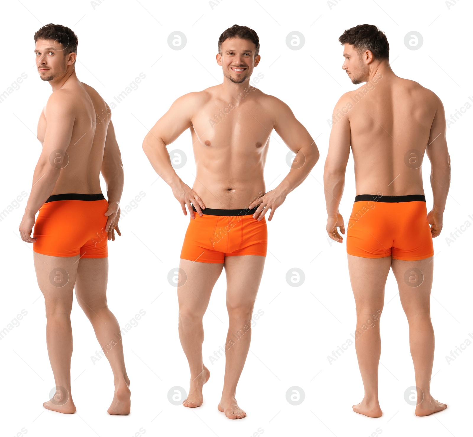 Handsome man in orange underwear on white background, collage. View from different sides Image of Handsome man in orange underwear on white background, collage. View from different sides