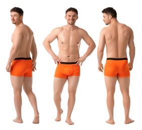 Image of Handsome man in orange underwear on white background, collage. View from different sides