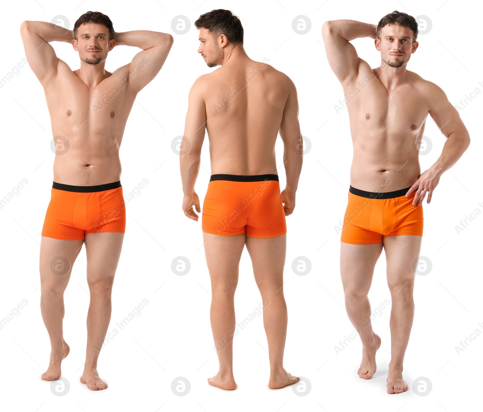 Handsome man in orange underwear on white background, collage. View from different sides Image of Handsome man in orange underwear on white background, collage. View from different sides