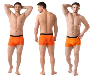 Image of Handsome man in orange underwear on white background, collage. View from different sides