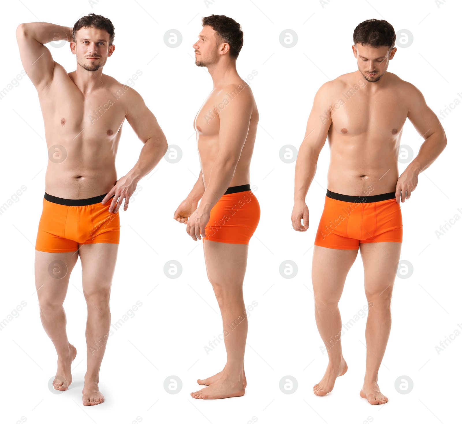 Handsome man in orange underwear on white background, collage. View from different sides Image of Handsome man in orange underwear on white background, collage. View from different sides