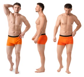 Image of Handsome man in orange underwear on white background, collage. View from different sides
