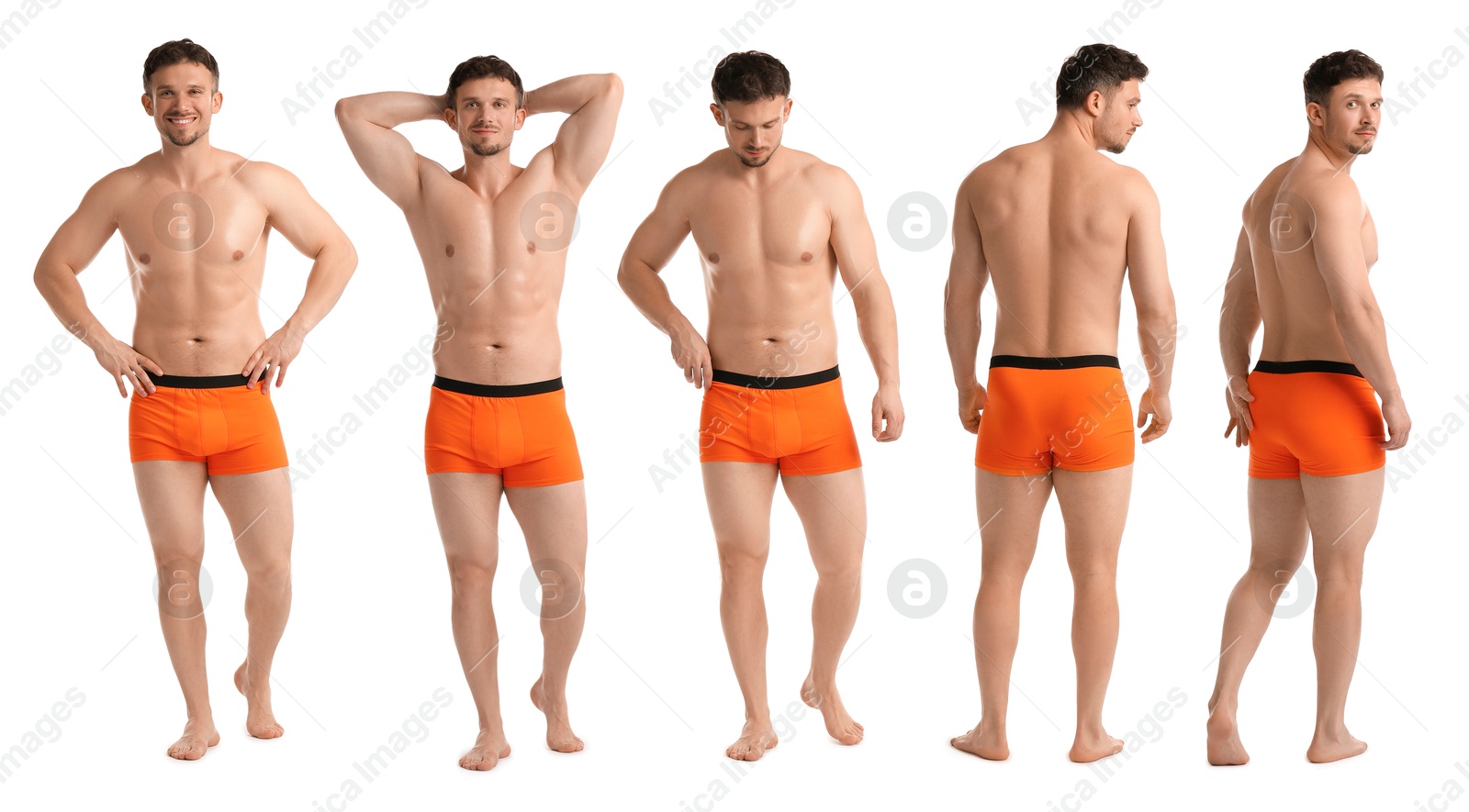 Handsome man in orange underwear on white background, collage. View from different sides Image of Handsome man in orange underwear on white background, collage. View from different sides