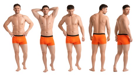 Image of Handsome man in orange underwear on white background, collage. View from different sides