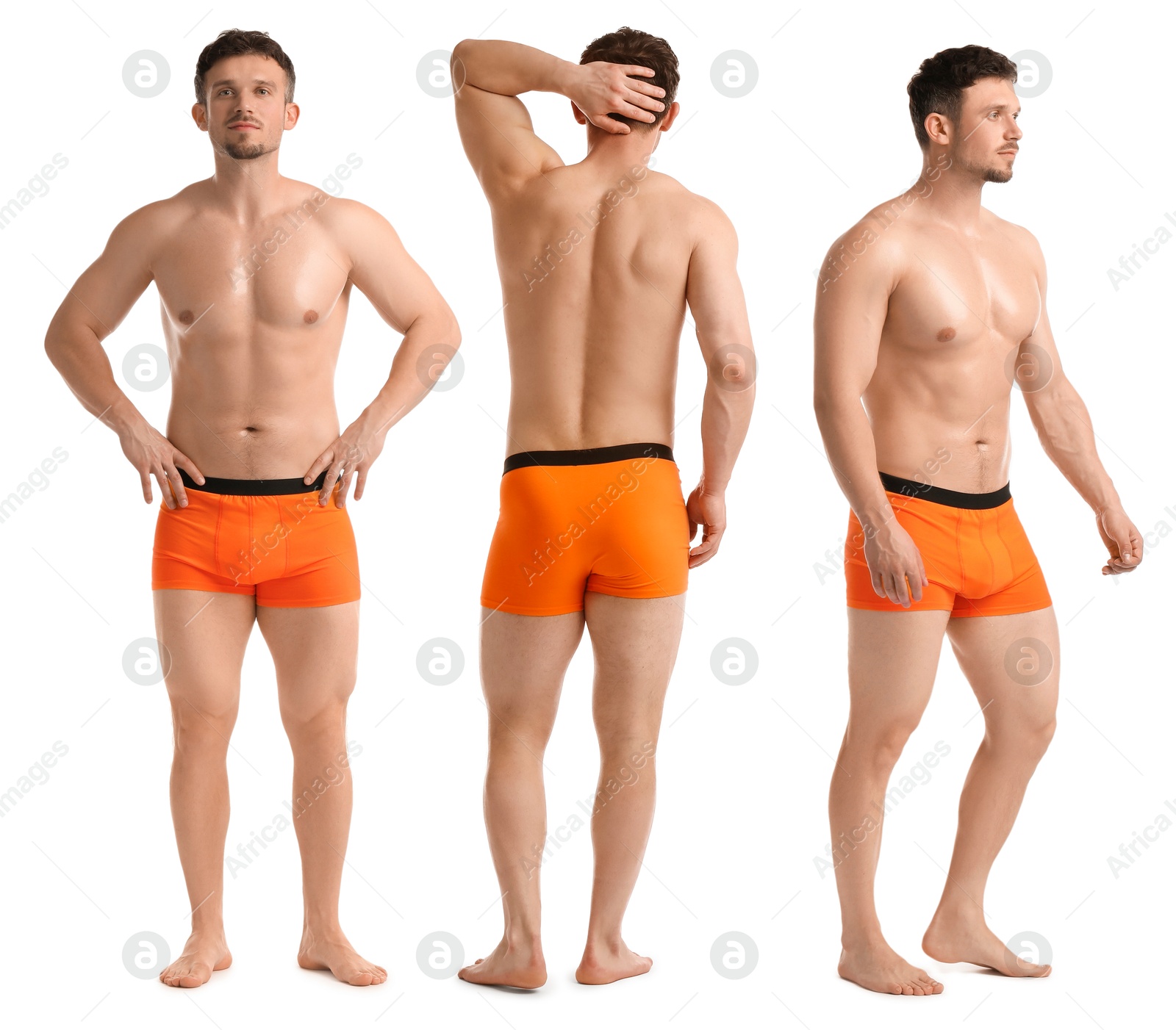 Handsome man in orange underwear on white background, collage. View from different sides Image of Handsome man in orange underwear on white background, collage. View from different sides