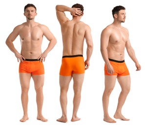 Image of Handsome man in orange underwear on white background, collage. View from different sides