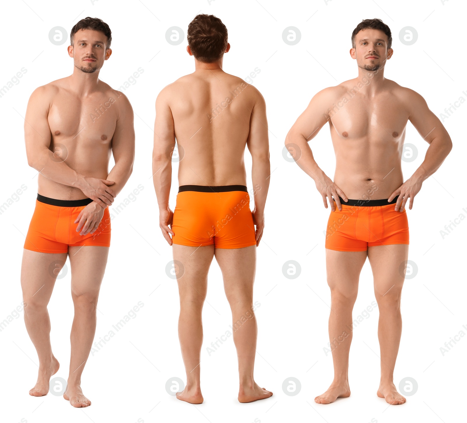 Handsome man in orange underwear on white background, collage. View from different sides Image of Handsome man in orange underwear on white background, collage. View from different sides