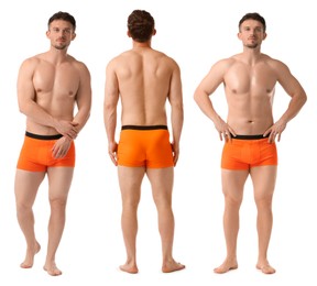 Image of Handsome man in orange underwear on white background, collage. View from different sides