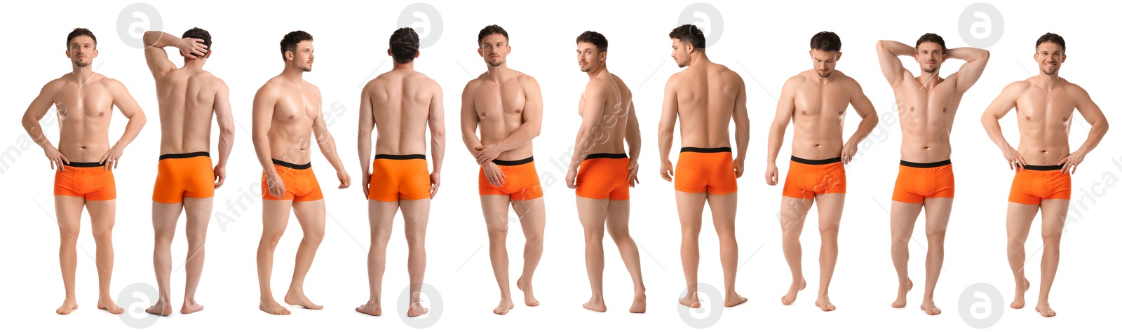 Handsome man in orange underwear on white background, collage. View from different sides Image of Handsome man in orange underwear on white background, collage. View from different sides
