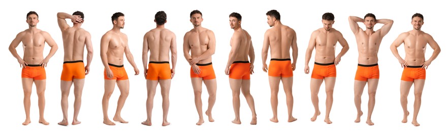Image of Handsome man in orange underwear on white background, collage. View from different sides