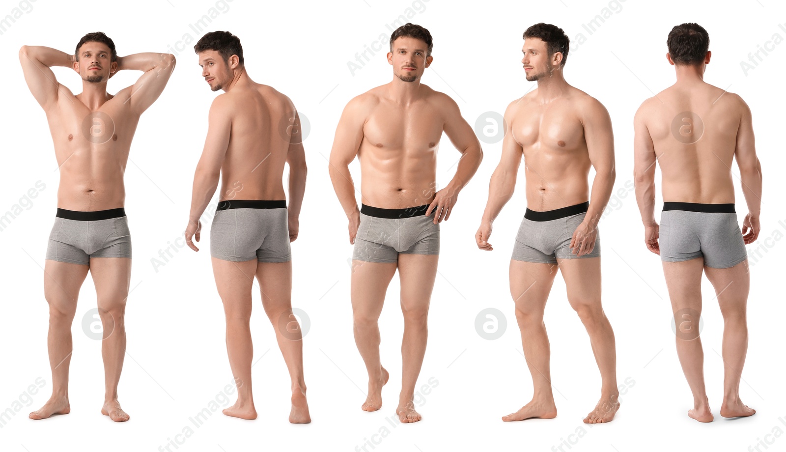 Handsome man in grey underwear on white background, collage. View from different sides Image of Handsome man in grey underwear on white background, collage. View from different sides