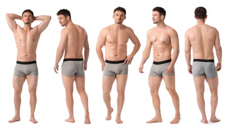 Image of Handsome man in grey underwear on white background, collage. View from different sides