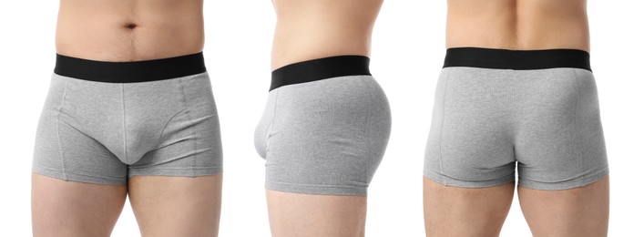 Image of Man in grey underwear on white background, closeup. View from different sides, collage