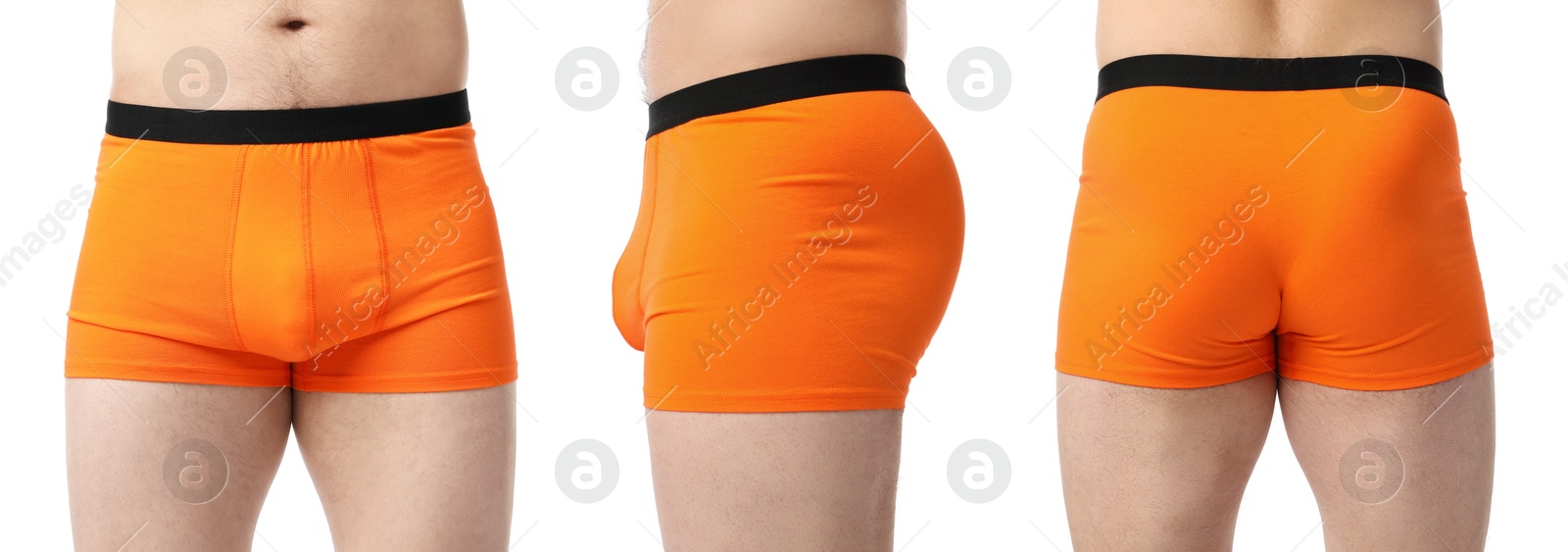 Man in orange underwear on white background, closeup. View from different sides, collage Image of Man in orange underwear on white background, closeup. View from different sides, collage