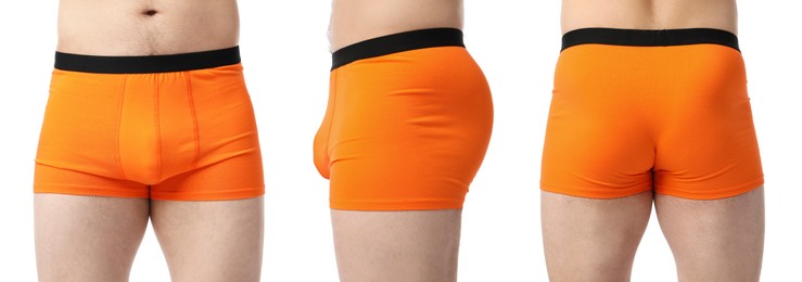 Image of Man in orange underwear on white background, closeup. View from different sides, collage