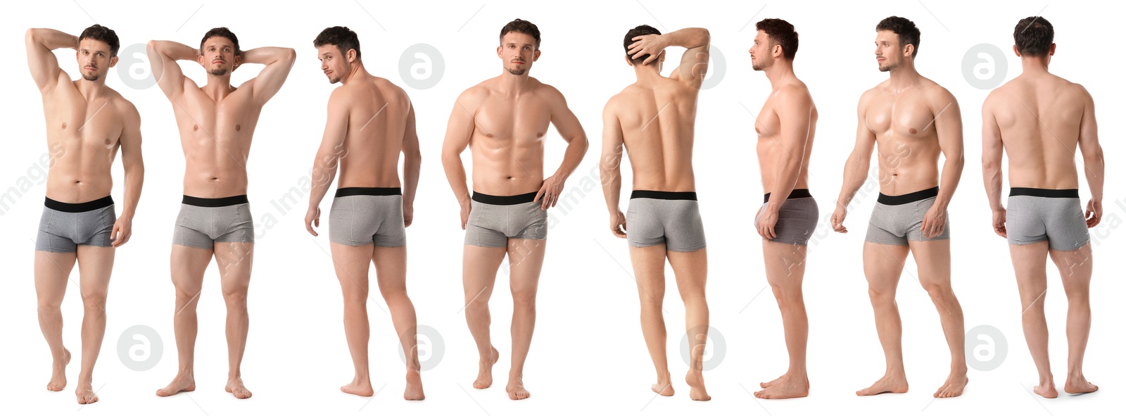 Handsome man in grey underwear on white background, collage. View from different sides Image of Handsome man in grey underwear on white background, collage. View from different sides
