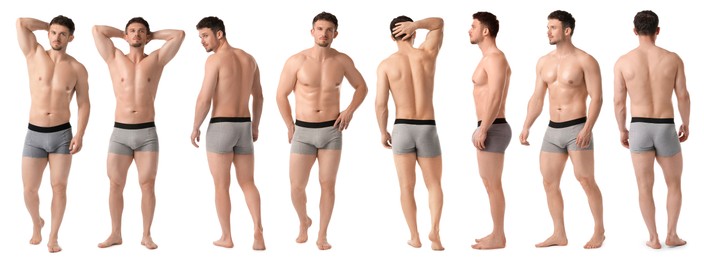 Image of Handsome man in grey underwear on white background, collage. View from different sides