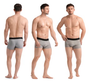 Image of Handsome man in grey underwear on white background, collage. View from different sides