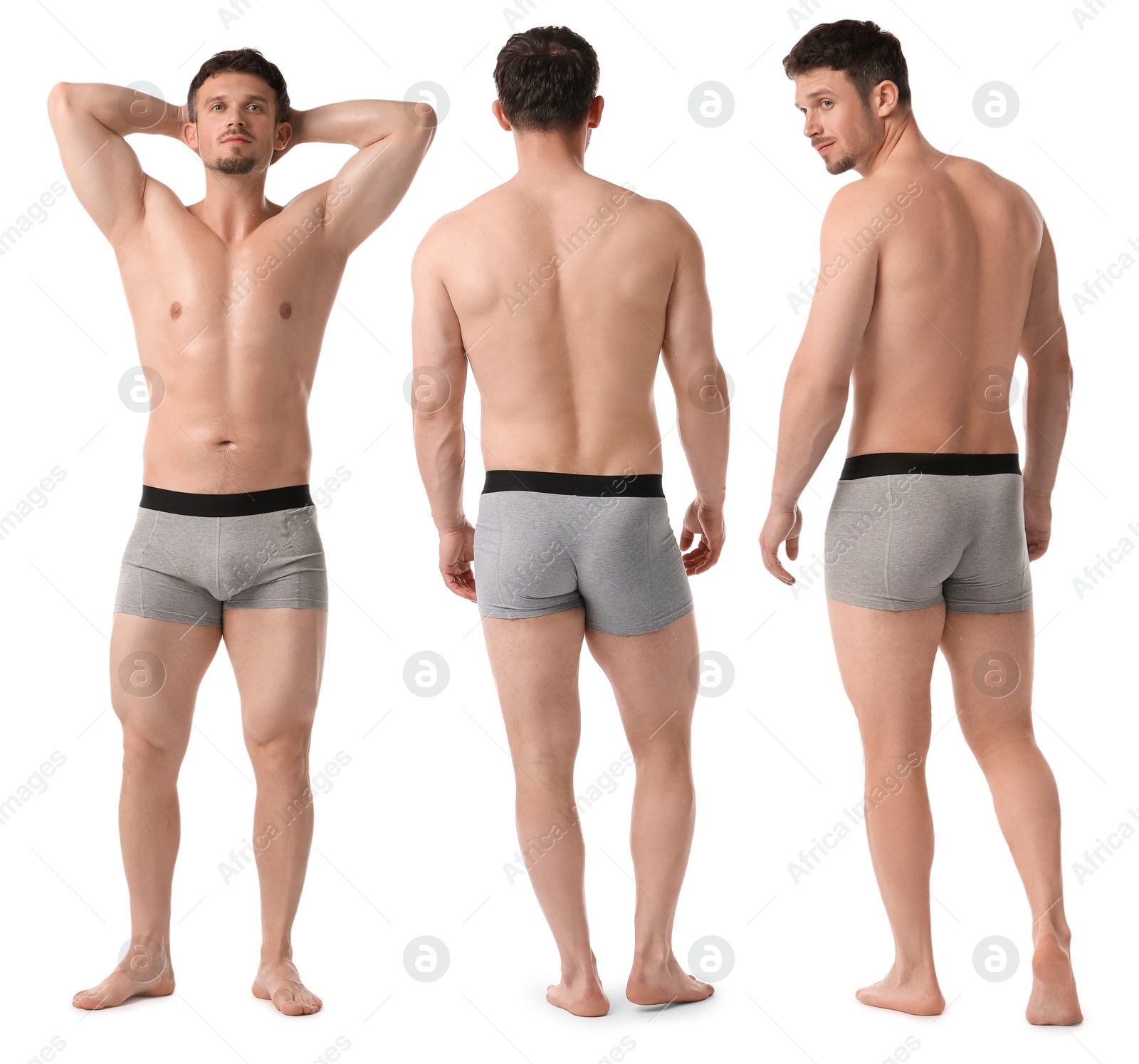 Handsome man in grey underwear on white background, collage. View from different sides Image of Handsome man in grey underwear on white background, collage. View from different sides