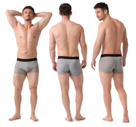 Image of Handsome man in grey underwear on white background, collage. View from different sides