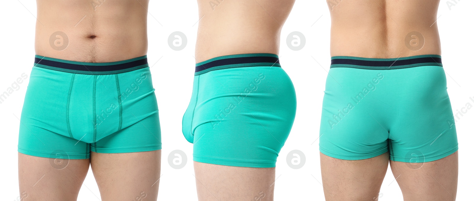 Man in turquoise underwear on white background, closeup. View from different sides, collage Image of Man in turquoise underwear on white background, closeup. View from different sides, collage
